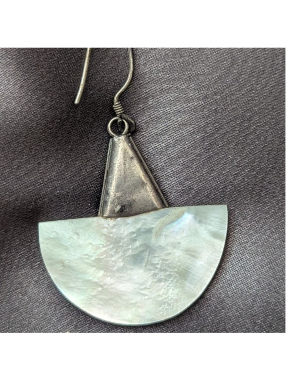 Vintage Boho Sterling Silver Mezzaluna Mother of Pearl Dangle Earrings - Picture 6 of 7